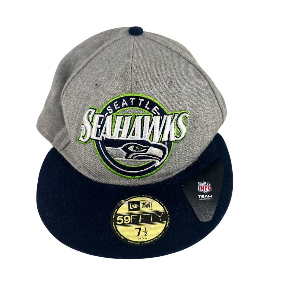 NWT New Era 59FIFTY NFL Team Seattle Seahawks Logo Patch Grey/Black Hat 7 1/2